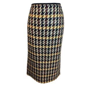 Lafayette 148 wool blend multi color houndstooth plaid midi skirt lined size 6